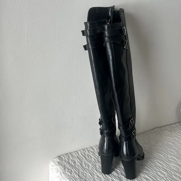 Adrienne Vittadini Black Leather Boots with Buckle Accents - Picture 5 of 15